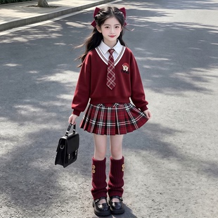 女童秋冬套装裙子2026新款儿童学院风领带加绒卫衣百褶短裙连衣裙