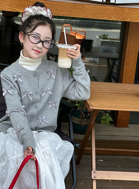 女童秋冬套装儿童满身蝴蝶结针织开衫白色棉布裙中大童休闲连衣裙