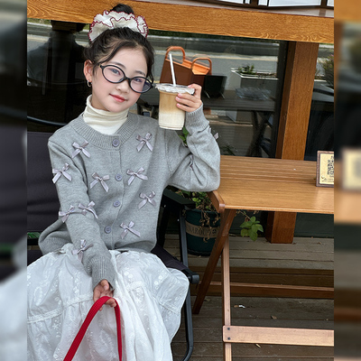 女童针织开衫白色棉布裙连衣裙