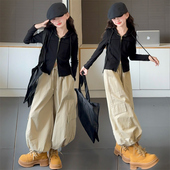 长袖 T恤套装 儿童黑色打底衫 女童秋季 小女孩连帽开衫 大童休闲上衣