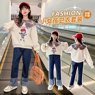 女童春秋卫衣套装2026新款儿童韩版娃娃领牛仔直筒裤中大童两件套