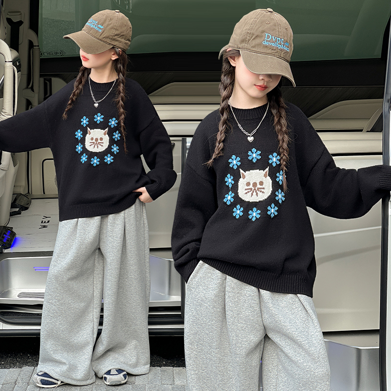 女童秋冬加厚猫咪毛衣阔腿裤套装
