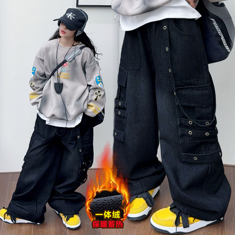 女童加绒卫衣牛仔裤爵士舞套装