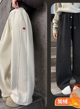 女童秋冬加绒加厚裤子2025新款儿童休闲百搭白色一体绒卫裤阔腿裤