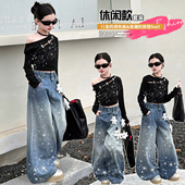 儿童潮酷烫钻牛仔裤 女童春秋酷飒满钻长袖 t恤套装 中大童爵士舞
