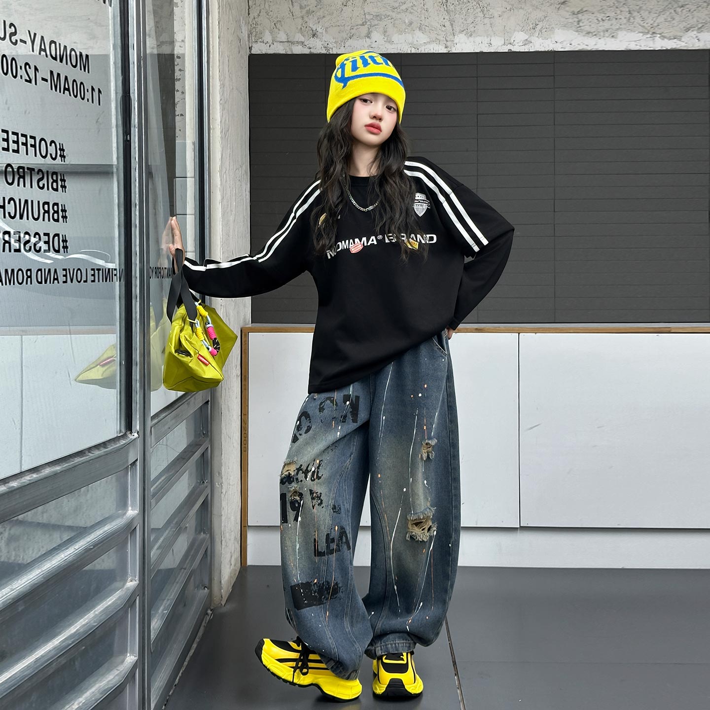 女童又酷又飒卫衣破洞牛仔裤套装