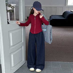 女童秋季长袖T恤套装儿童安哥拉红色上衣打底衫大童连帽针织开衫