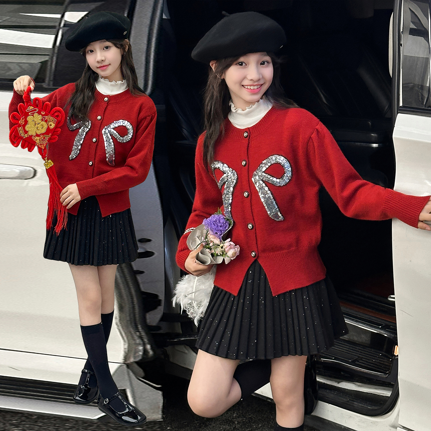 女童针织开衫蝴蝶结百褶裙套装裙