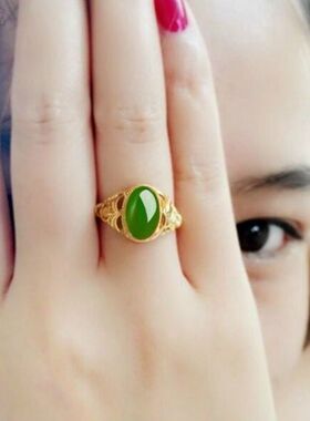 2025越南沙金玉石戒指女款红绿宝石不褪色黄铜指环妈妈开口可调节