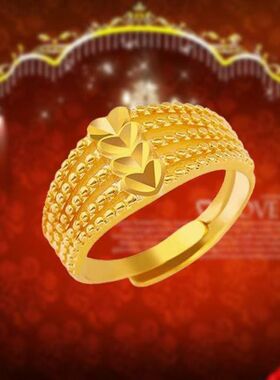 越南镀沙金色戒指男爱心款式车花指环可调节网红女士麦穗送女友礼