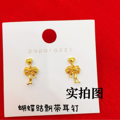 流金岁月爱心蝴蝶结耳钉黄金色女