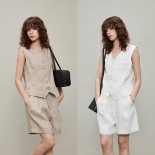 小个子套装 马甲两件套五分短裤 低调老钱风痞帅亚麻V领小西装 夏季