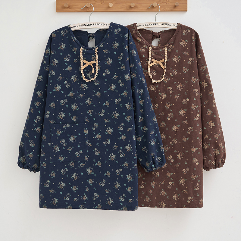 双层圆领碎花长袖围裙工作服女