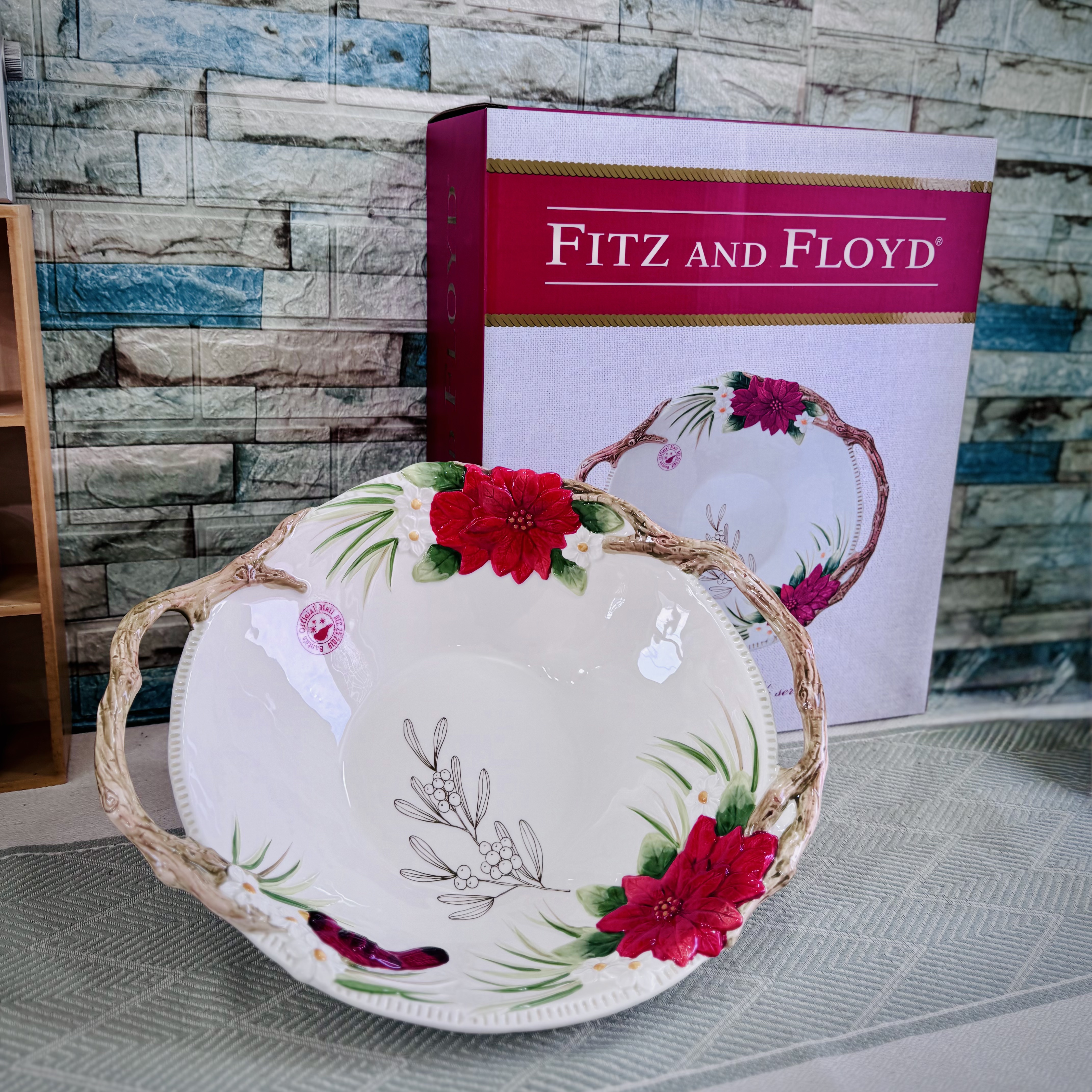 美国FF原单礼盒法国圣诞红鸟陶瓷大果碗果盘沙拉碗双耳果碗礼品