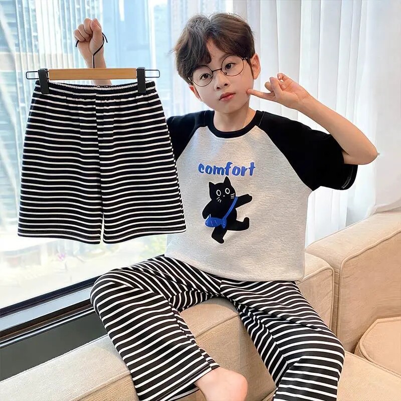男童薄款短袖全棉儿童夏季条纹男童睡衣三件套睡衣家居纯棉空调服