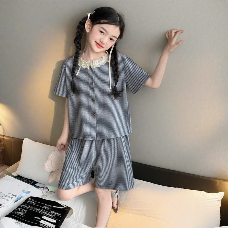 儿童家居服夏季新款韩版短袖女童睡衣套装宽松薄款外穿女孩空调服
