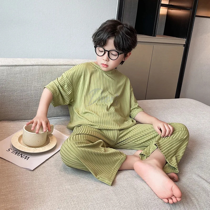 儿童睡衣夏季新款冰丝短袖男童家居服套装宽松洋气外穿大童空调服