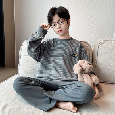 儿童男童德绒保暖睡衣套装秋冬长袖新款套头薄绒青少年睡衣家居服