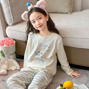 儿童中大童宽松家居服 秋冬保暖薄绒长袖 女童德绒睡衣套装 2025新款