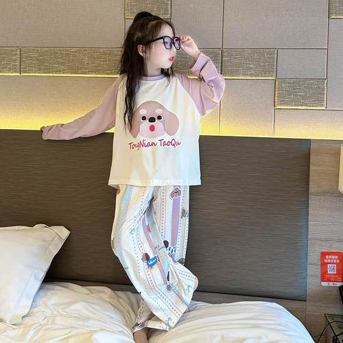 长袖女童纯棉睡衣套装韩版春秋卡通动漫儿童全棉家居服中大童空调