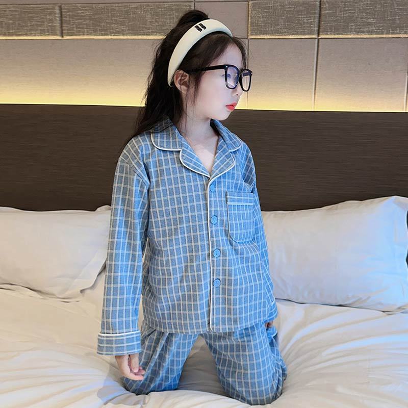 儿童德绒磨毛长袖秋冬长裤睡衣套装翻领格子女孩中大童女童家居服