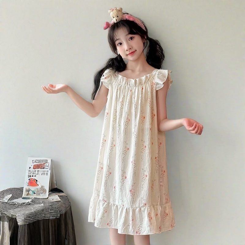 夏季新款薄款网红小女孩睡裙吊带女童居家服睡裙冰丝中大童连衣裙