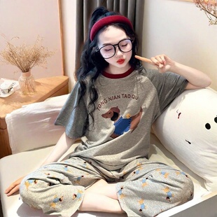 全棉中大童空调薄款女孩家居服新款夏季卡通纯棉短袖女童睡衣套装
