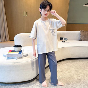 男孩家居服夏季新款冰丝短袖男童睡衣套装宽松套头居家大童空调服