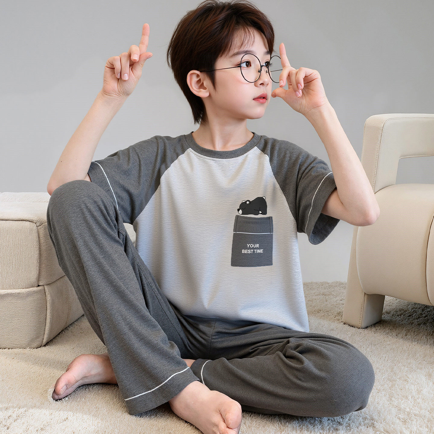 芬腾大童睡衣男生夏季纯棉短袖长裤卡通青少年高初中生家居服套装