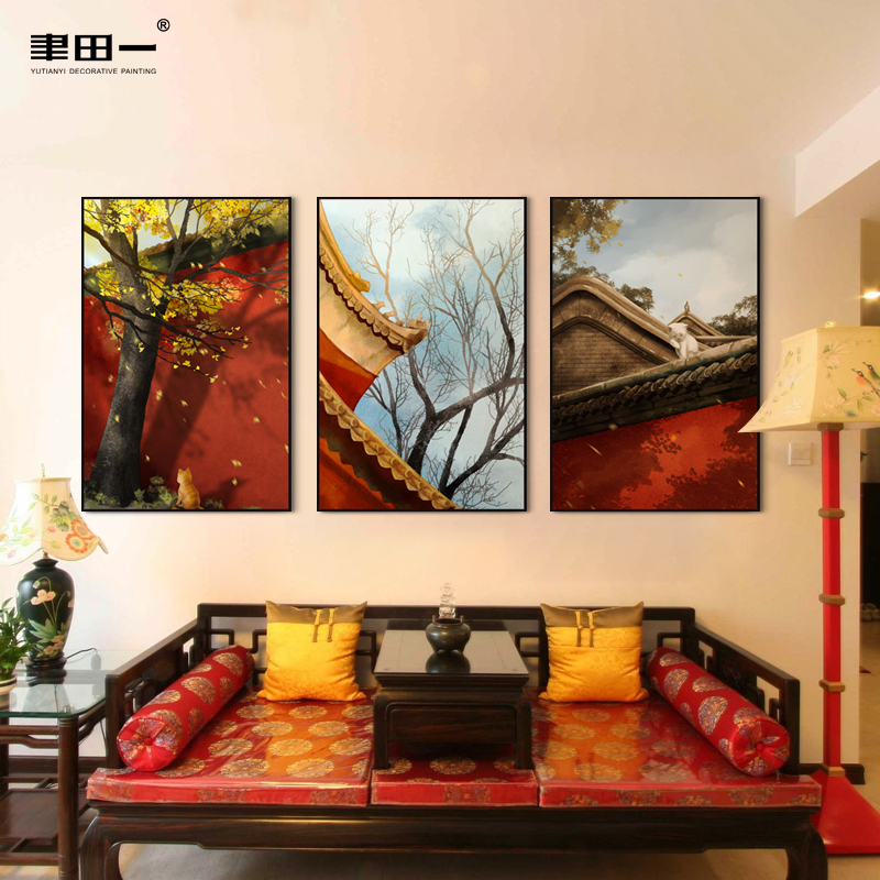 新中式红墙玄关客厅装饰画复古建筑艺术茶室挂画花卉意境书房壁画图片