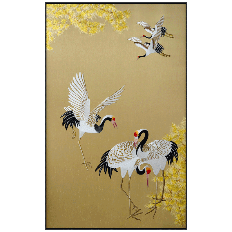 原创新中式客厅玄关仙鹤刺绣装饰画禅意茶室吉祥高端挂画艺术配画