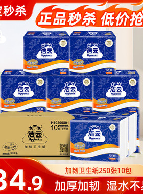 洁云加韧卫生纸2层125抽(250张)10包平板纸家用厕纸草纸整箱装