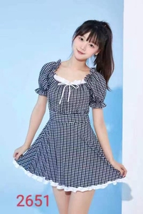 小胸2651短裙性感吊带格子高腰格子修身 女泳衣 荷叶边2023年新款