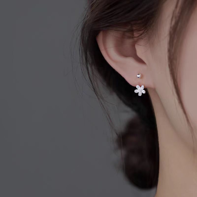 925银针花朵螺丝耳环女轻奢小众后挂式拧扣设计感2025新款耳饰