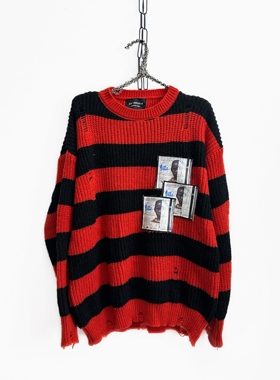 【sharkcolor】复古黑红条纹不规则贴布破洞设计垂感针织衫毛衣