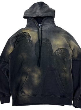 【sharkcolor】小众oversize手工喷脏复古渐变做旧假两件卫衣帽衫