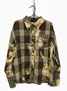 【sharkcolor】做旧复古废土风扎染小众拼接设计薄款格子衬衫男女