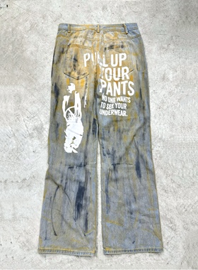 【sharkcolor】remake泛黄涂鸦做脏牛仔长裤设计感宽松直筒黄泥裤
