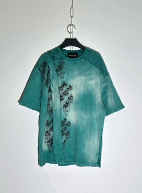 【sharkcolor】remake解构水洗做旧破坏感小众短袖复古绿T恤宽松