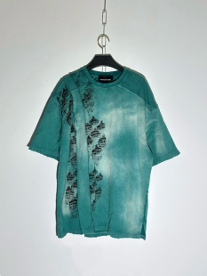 【sharkcolor】remake解构水洗做旧破坏感小众短袖复古绿T恤宽松