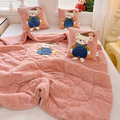 卡通牛奶绒抱枕被子两用加厚