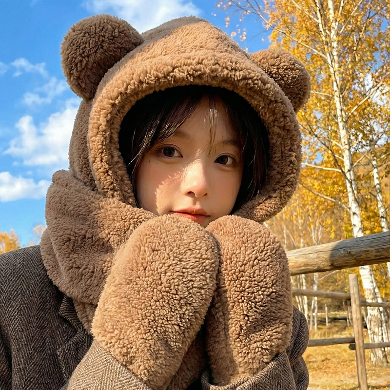 小熊耳朵帽子围巾一体女冬季保暖百搭防风加绒加厚毛绒围脖雷锋帽,服饰配件/皮带/帽子/围巾,帽子,淘宝优惠券,粉丝福利购,淘宝优惠卷
