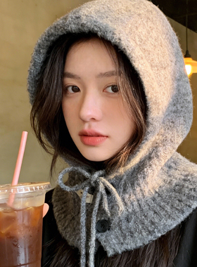灰色巴拉克拉法连帽子围巾一体女冬季百搭保暖针织围脖护耳毛线帽