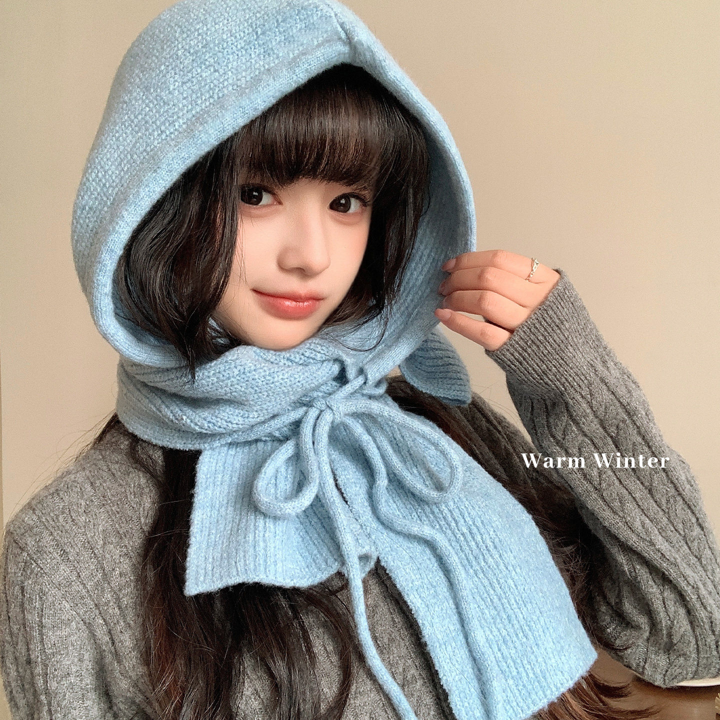 蓝色巴拉克拉法帽女款冬季大头围护耳保暖毛线帽针织帽子围巾一体