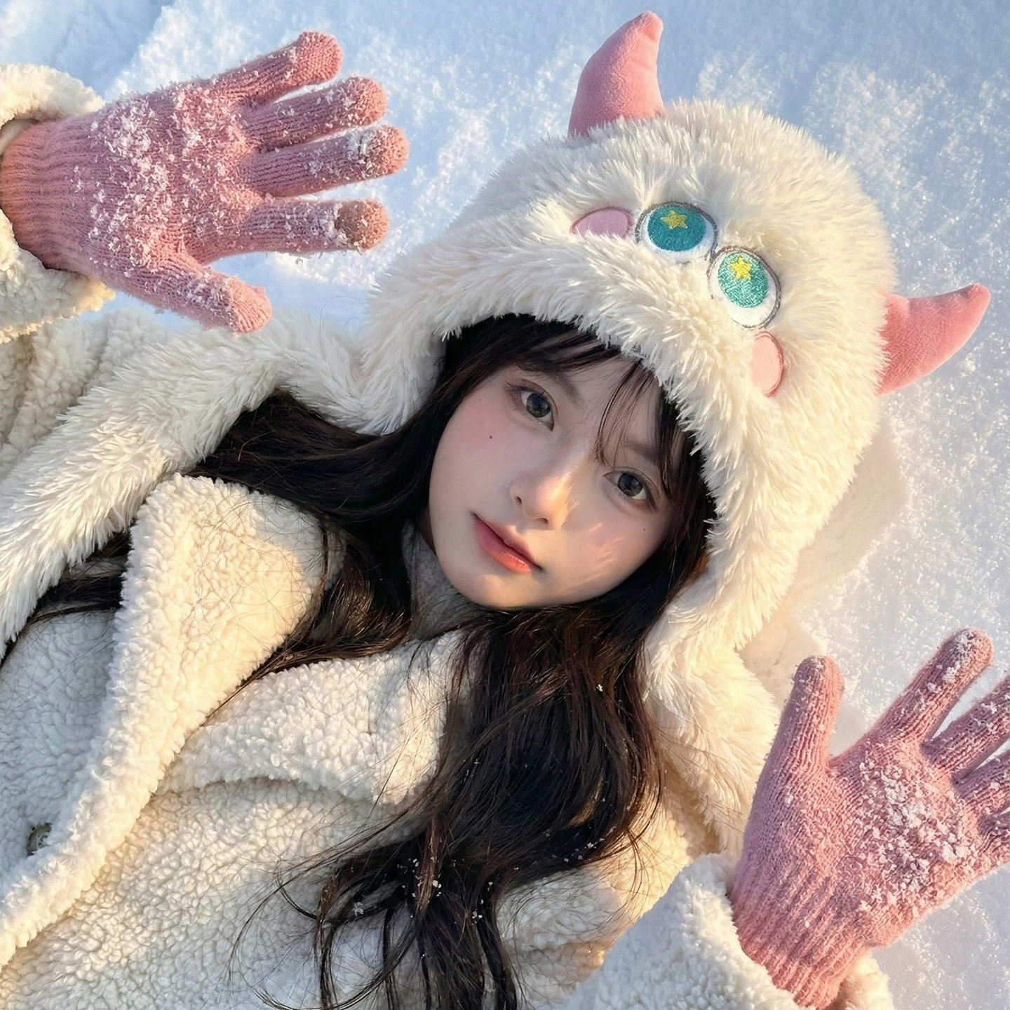 日系搞怪可爱小怪兽毛绒套头帽子女秋冬季加厚保暖骑行针织护耳帽