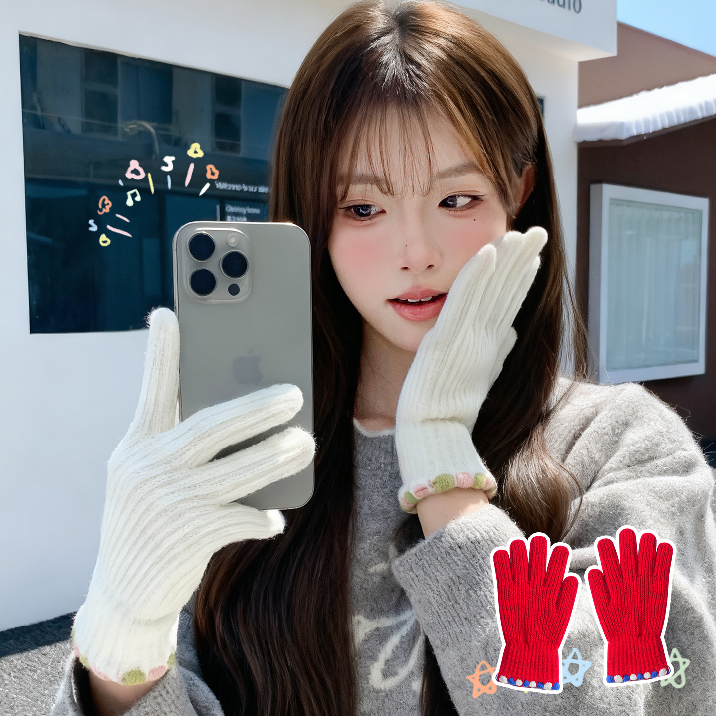 ins小糖豆漏指毛线针织手套女冬季韩版纯色触屏保暖防寒骑车分指