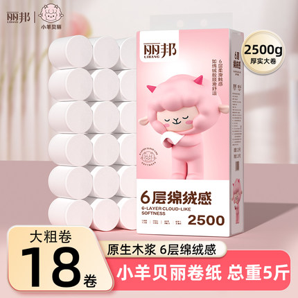 丽邦6层卷纸18卷5斤家用实惠装卫生纸无芯卷筒纸厕纸手纸厕所纸巾