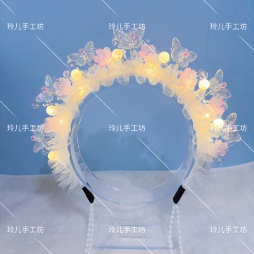 【成品】新款手工爆款发光蝴蝶花瓣珍珠簪花发箍仙子头饰