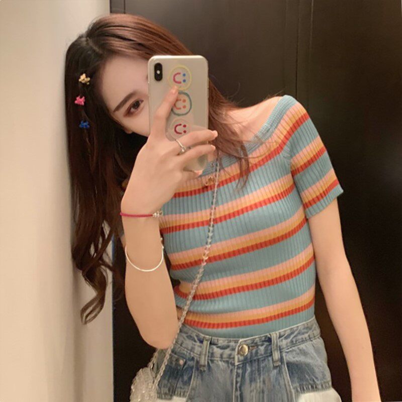summer Korean Edition Retro Thin section Rainbow Stripes Sweater 2019 new pattern Short sleeved Word collar Self cultivation Women's wear jacketin the Women's clothing/Boutique , Wool sweater  category - from Buy2taobao.com to provide professional Taobao agent buy service