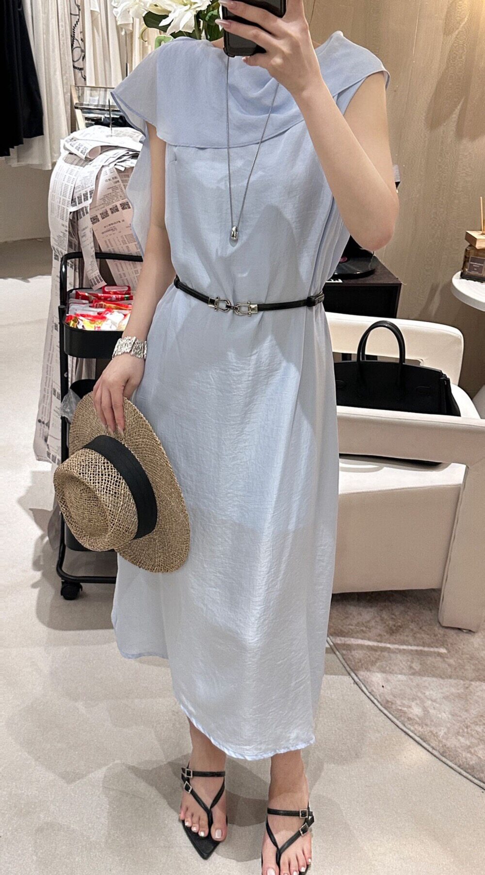 夏季极简纯色长款宽松连衣裙(配腰带)65529